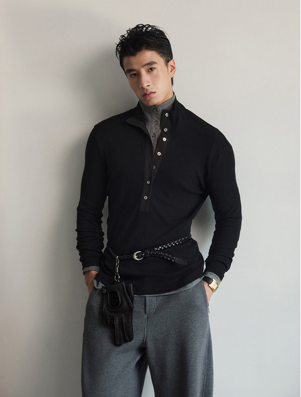 High-Neck Button-Down Shirt