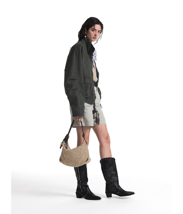 Leather collar short flight jacket