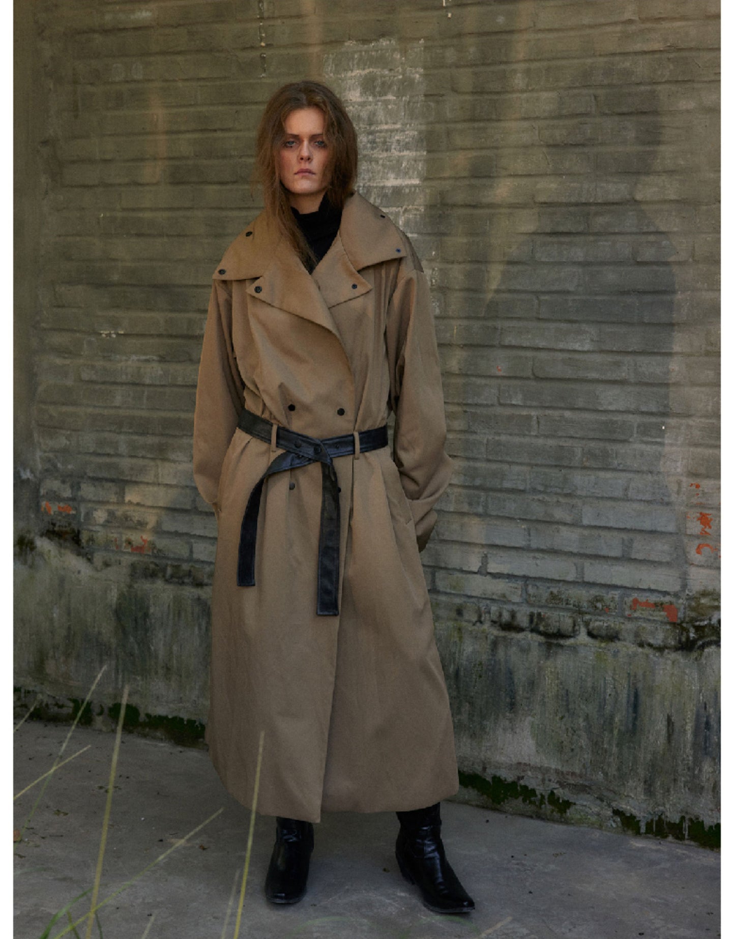 Leather hand stand collar long coat