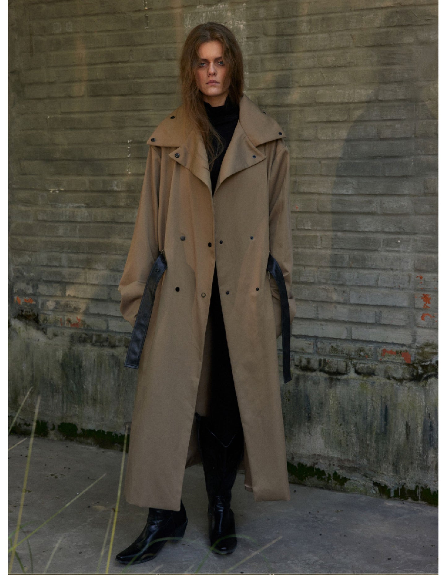 Leather hand stand collar long coat