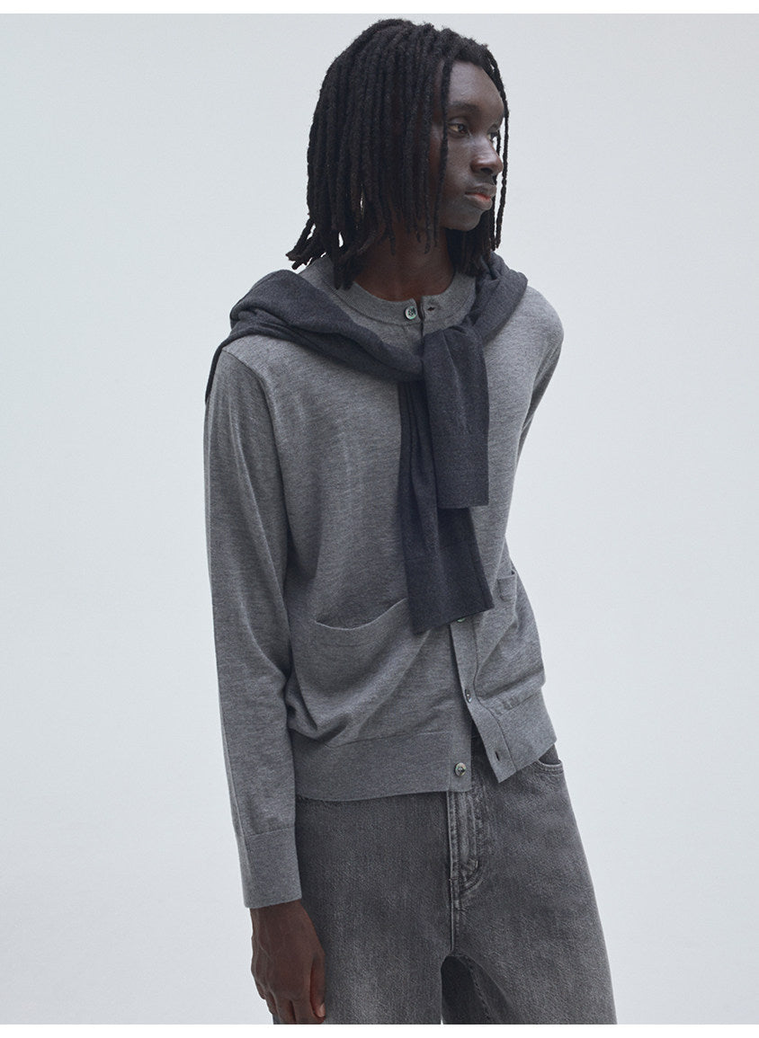 Round-Neck Knit Cardigan with Pockets