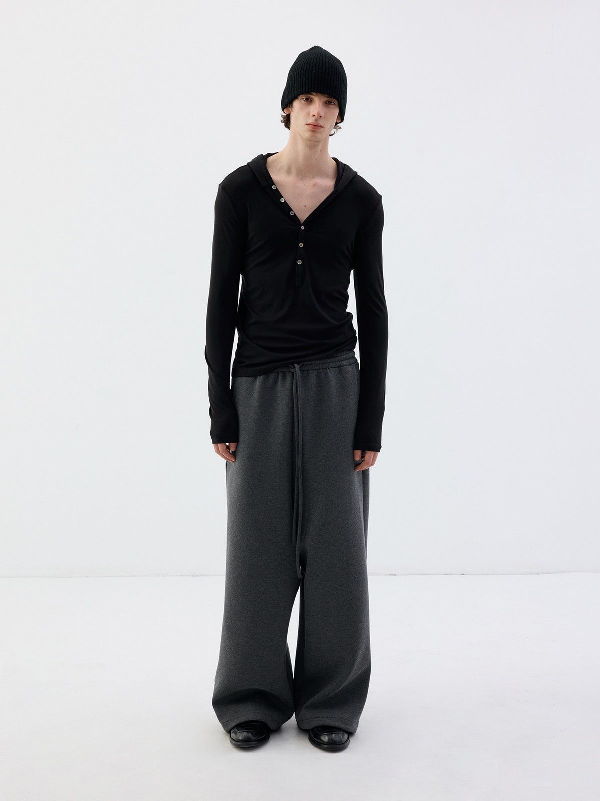 Henry-Collar T-Shirt with Half-Button Hood
