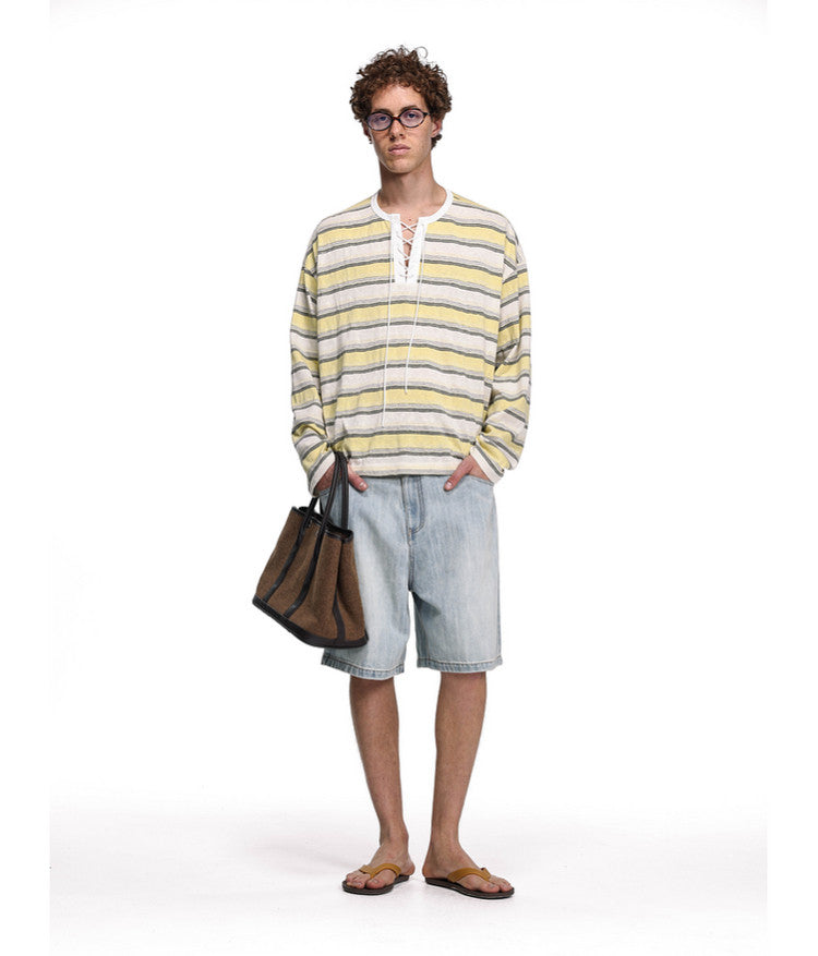 Drawstring Tie Henley Collar T-Shirt