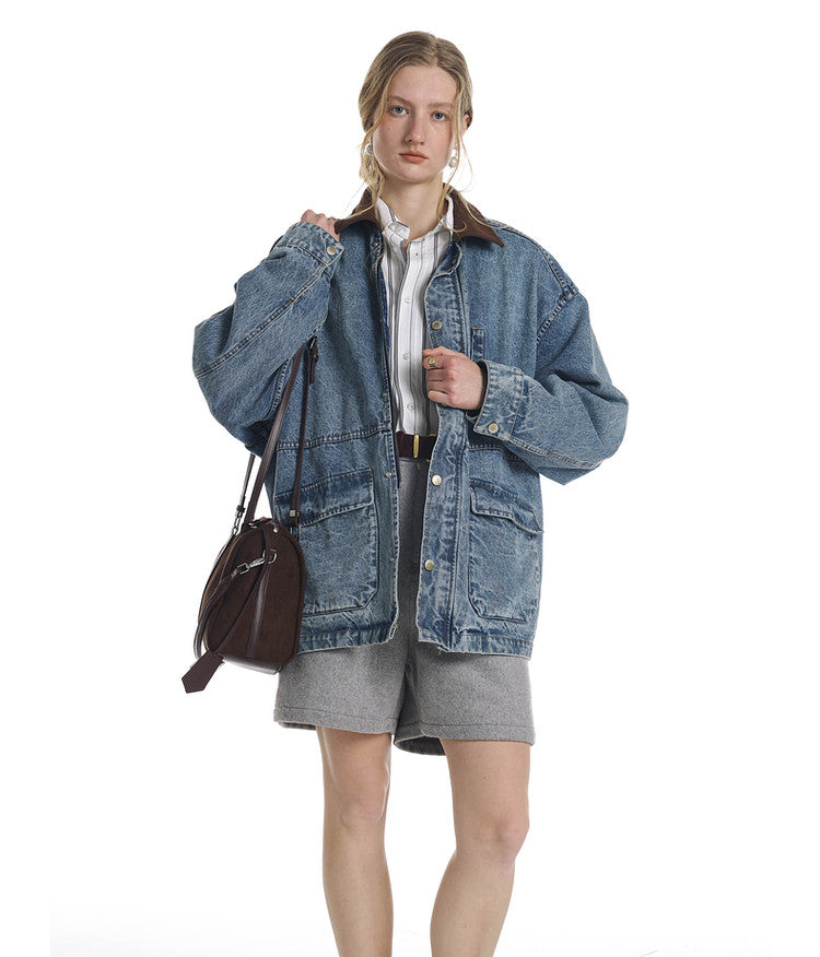 Vintage Denim Jacket with Washed Suede Collar