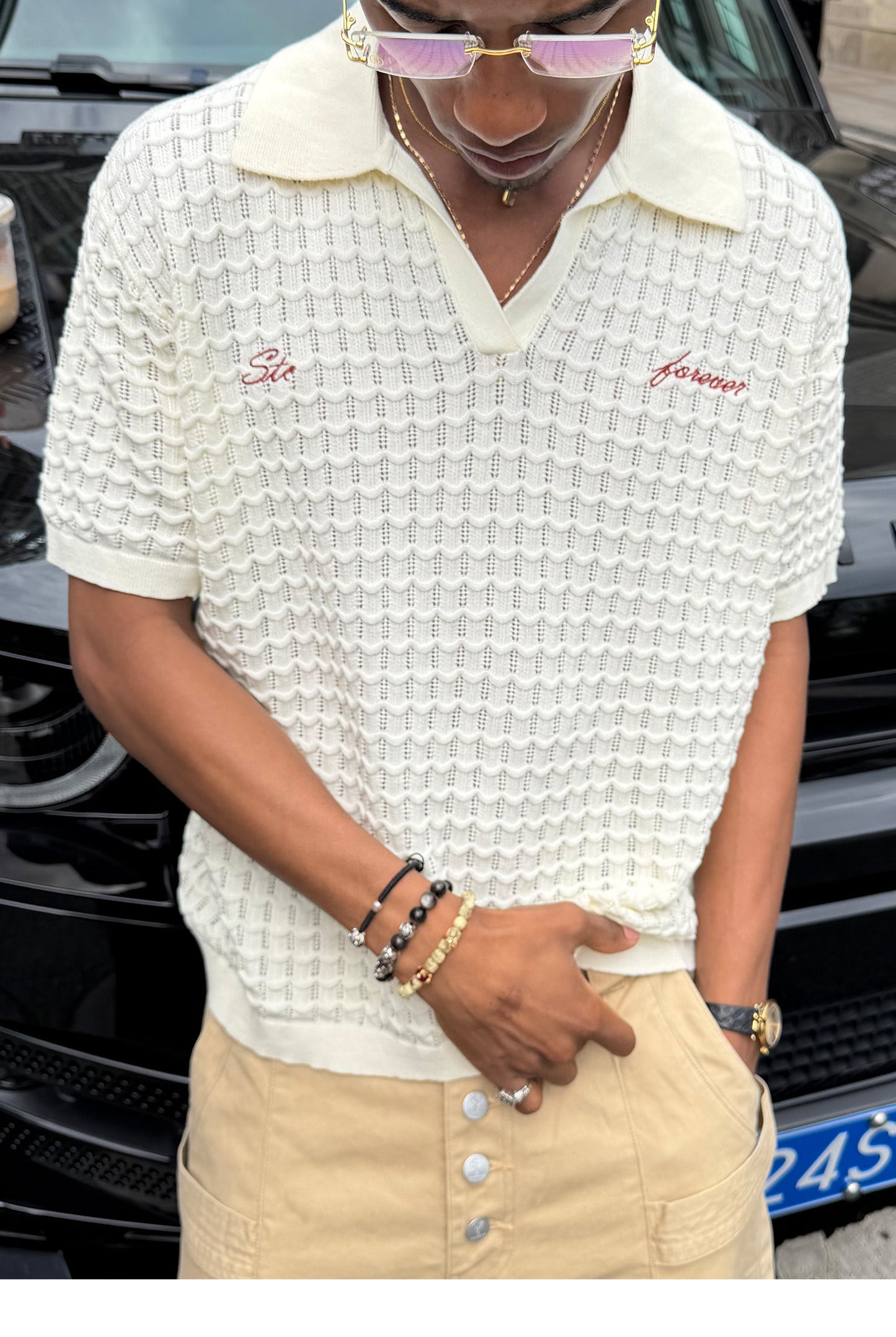 Embroidered Jacquard V-Neck Polo Shirt
