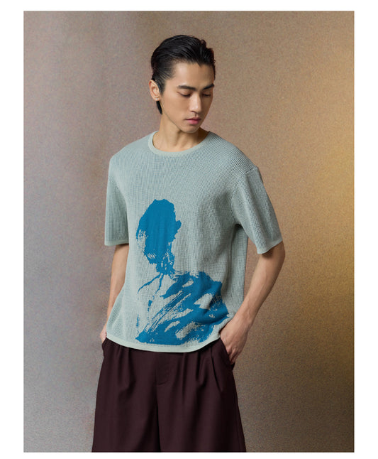 Contrast-Color Printed Knit Shirt