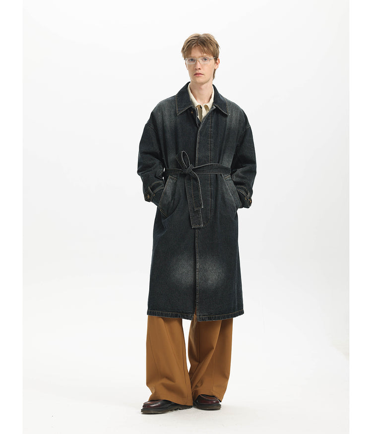 Washed Denim Long Trench Coat