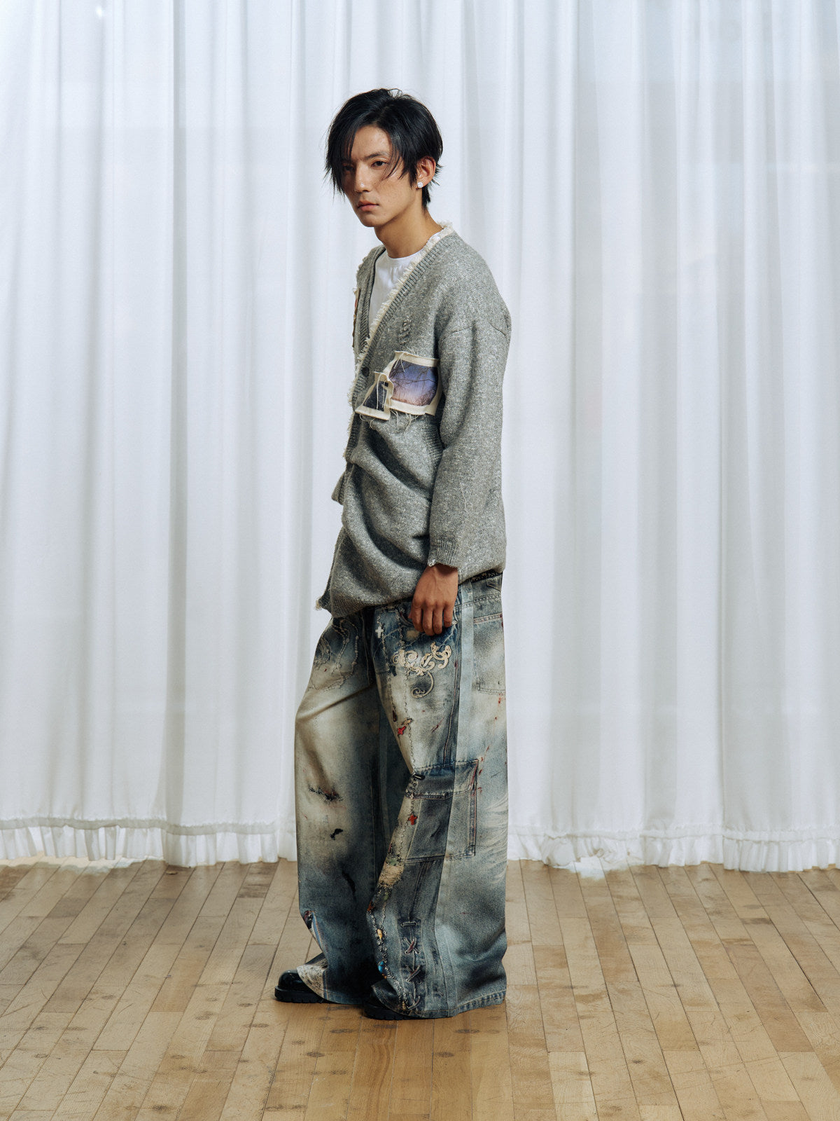 Pleated Design Blend Knit Cardigan