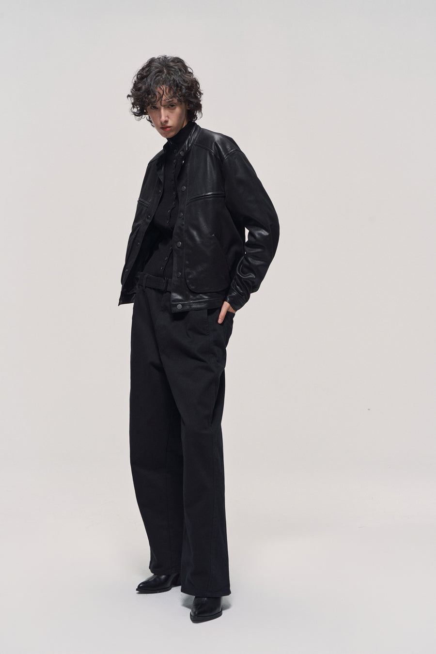 Stand collar leather jacket