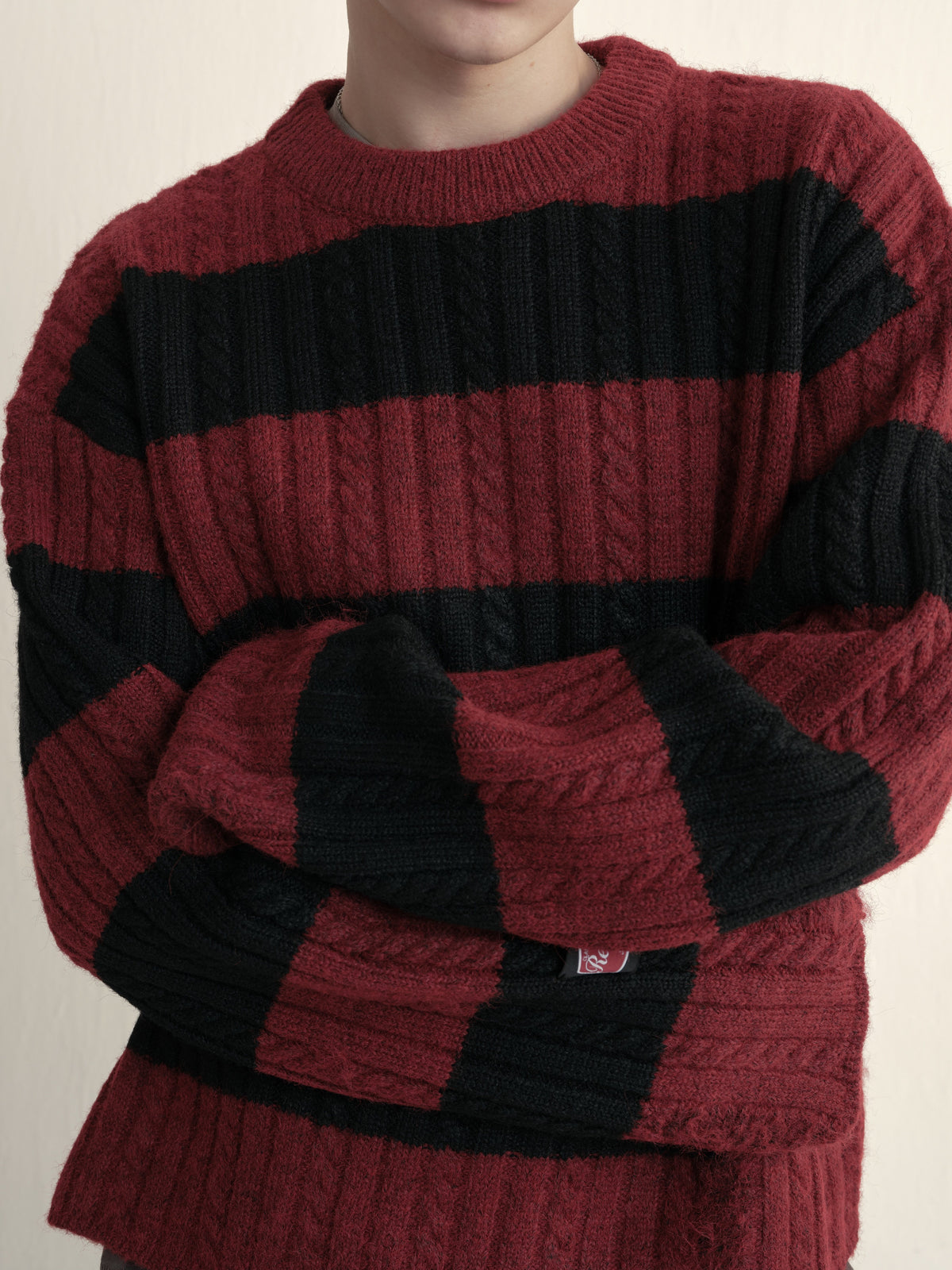 Cable wool striped distressed sweater