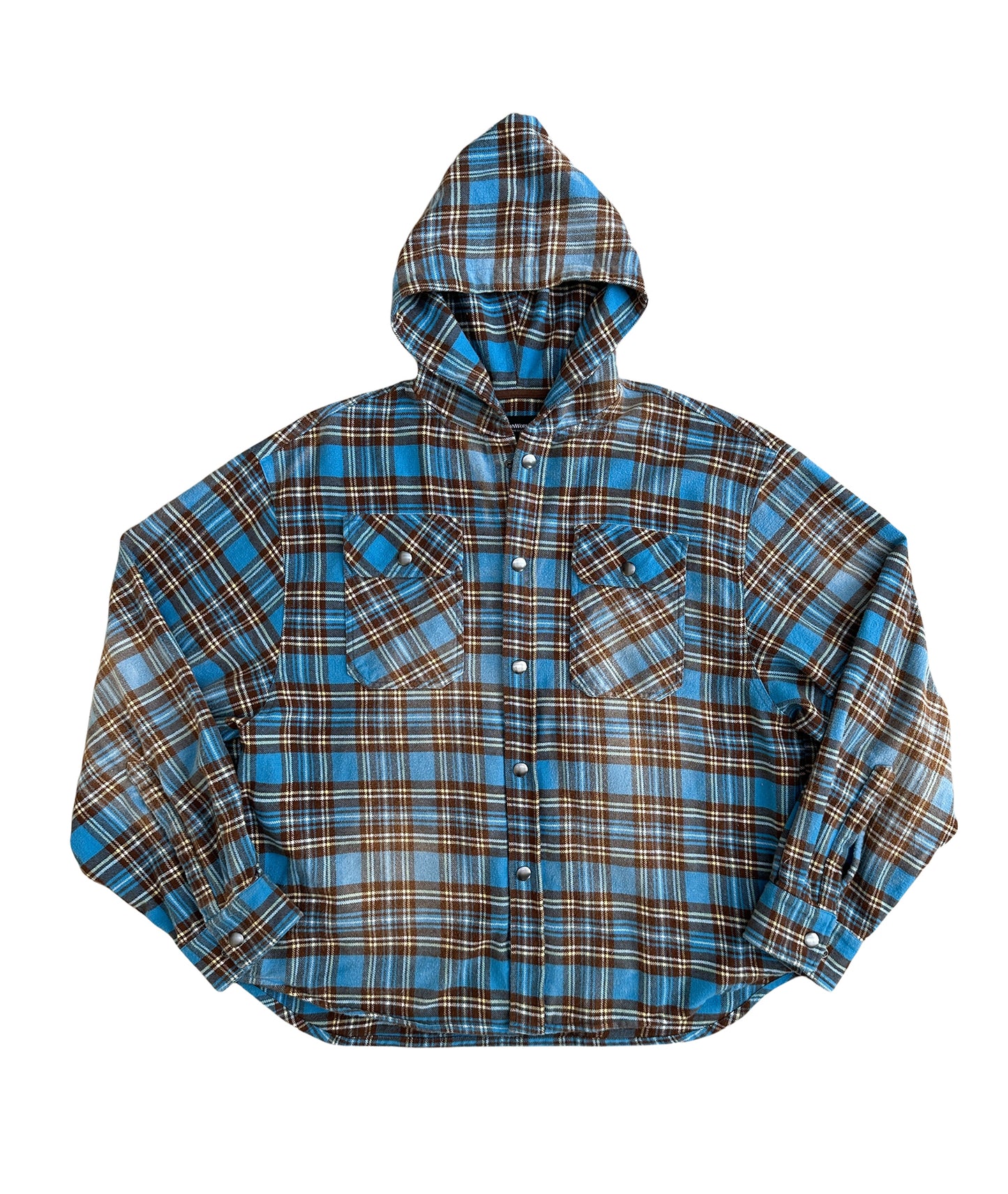 Loose-fitting plaid hooded shirt