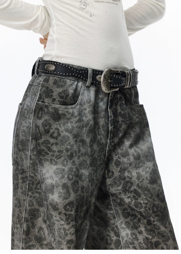 Leopard print wash wide leg jeans