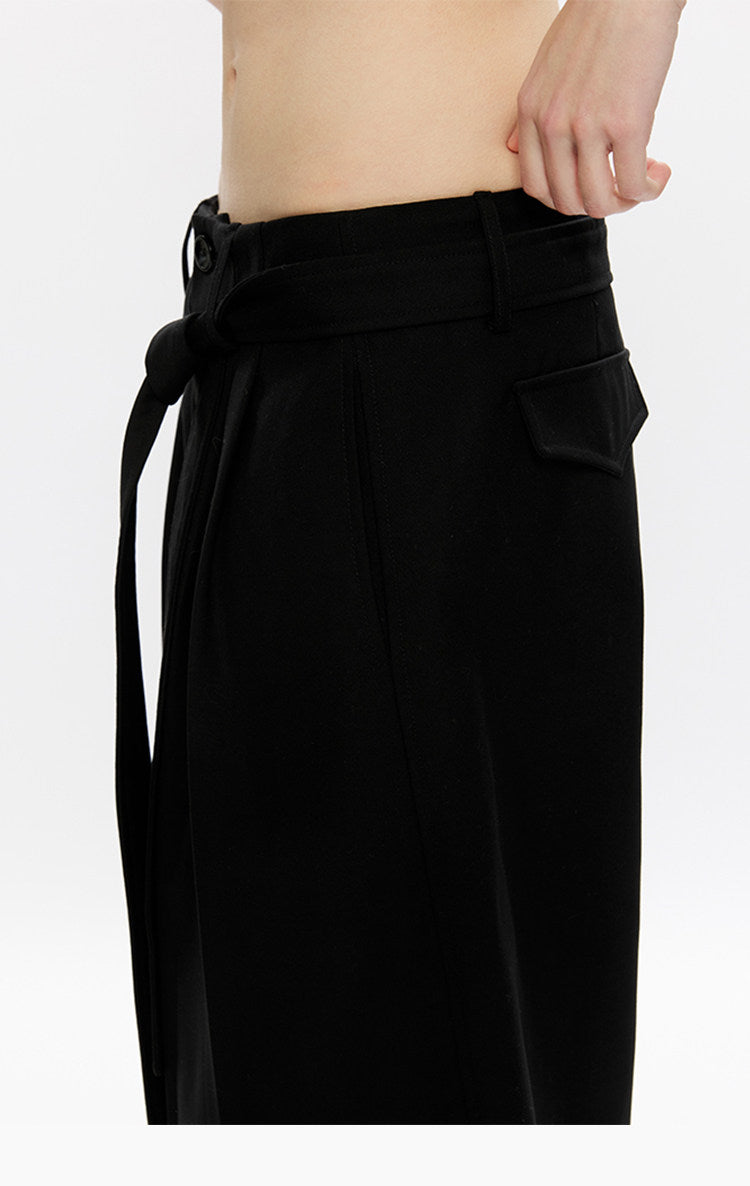 Pleated Adjustable Ribbon Wide-Leg Pants