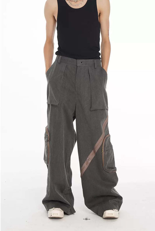 Multi-pocket loose straight pants