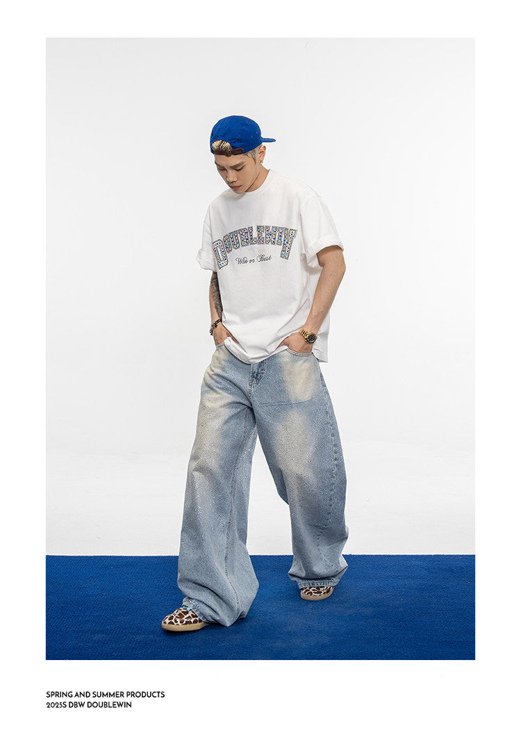 Wash-Finish Wide-Leg Casual Jeans