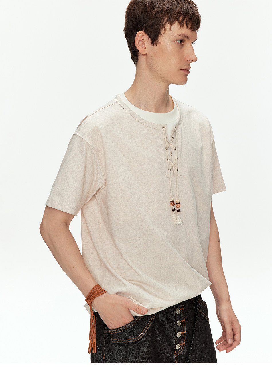 Off-Shoulder Fake Two-Piece T-Shirt with Beads