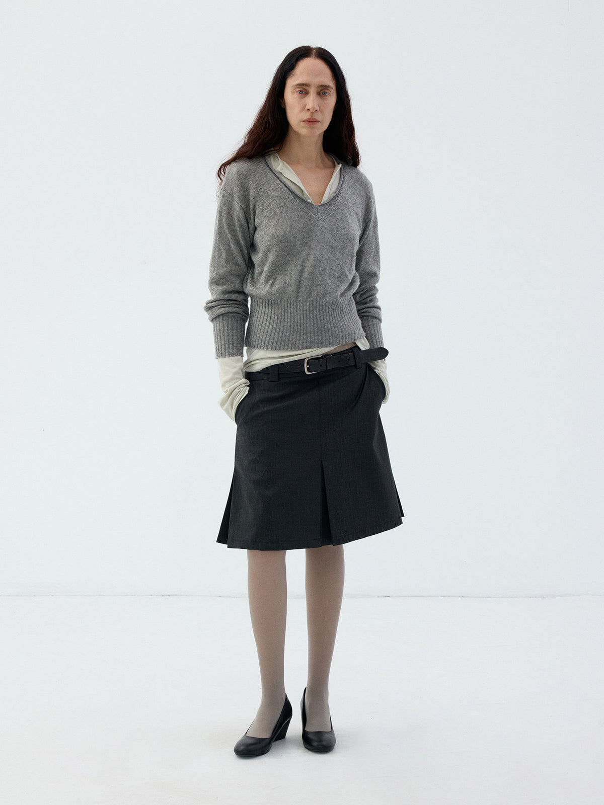 Wool Roll-Sleeve V-Neck Sweater