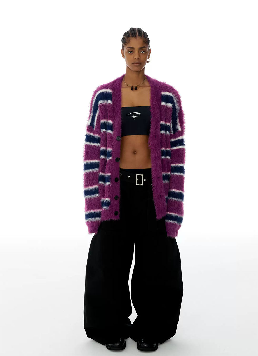 Imitation Mohair Stripe Contrast V-Neck Cardigan