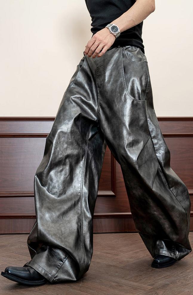 Mat pleats wide PU Leather Pants