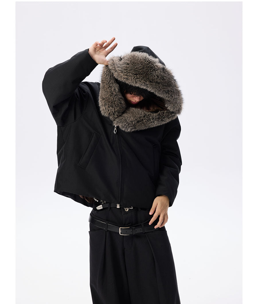 Wide cotton jacket with detachable fur collar