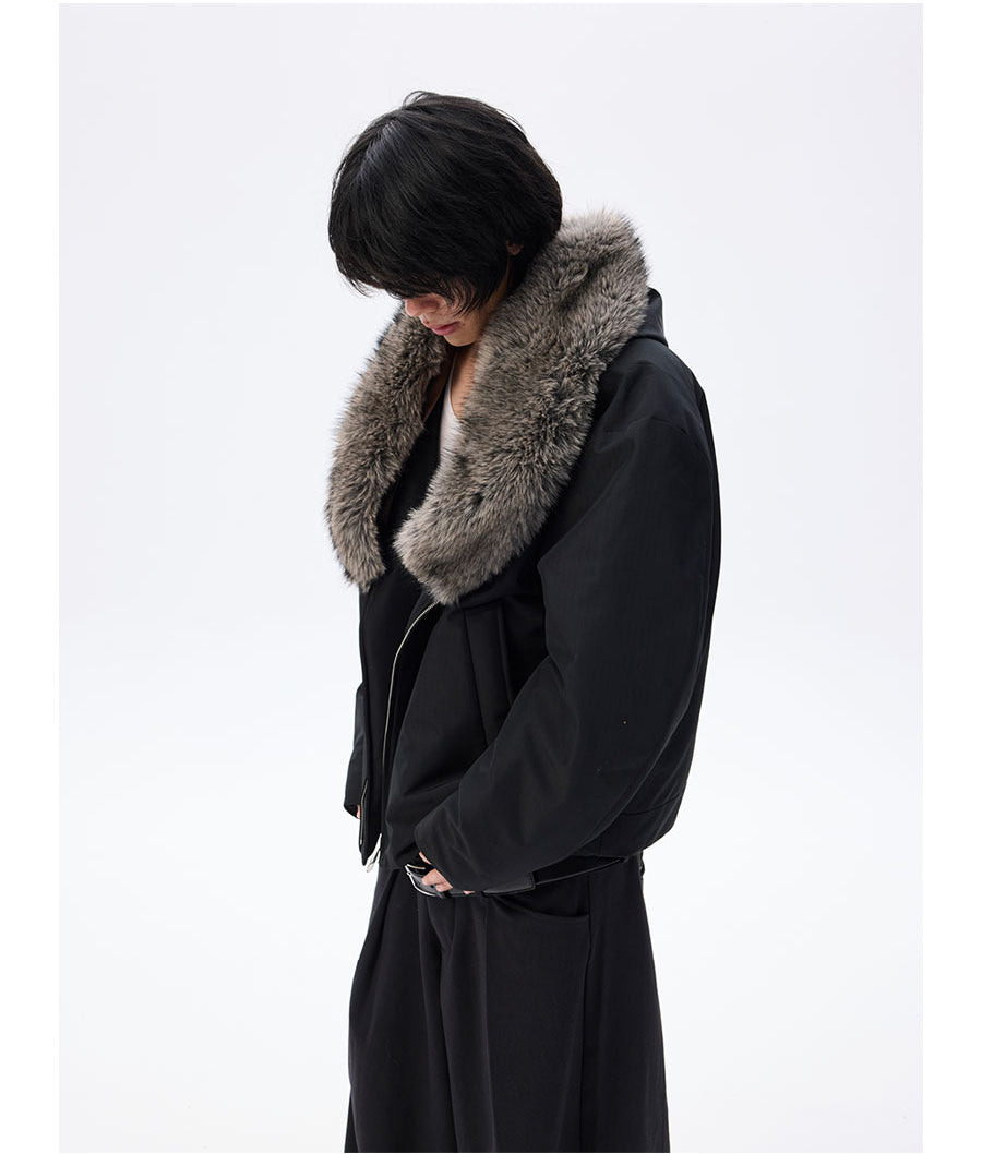 Wide cotton jacket with detachable fur collar