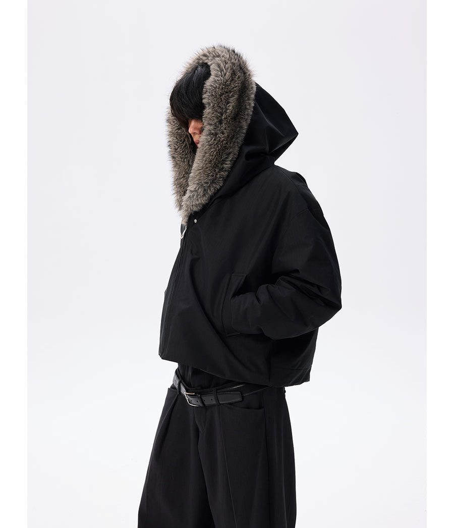 Wide cotton jacket with detachable fur collar