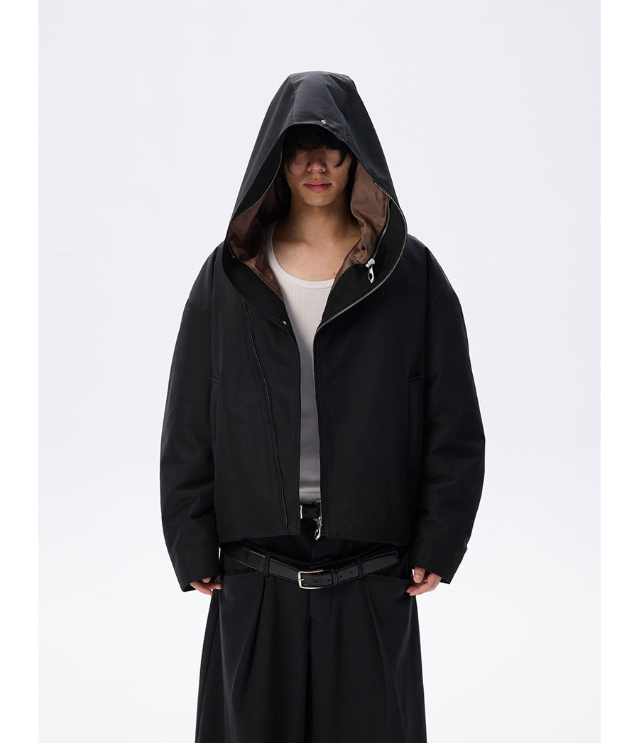 Wide cotton jacket with detachable fur collar