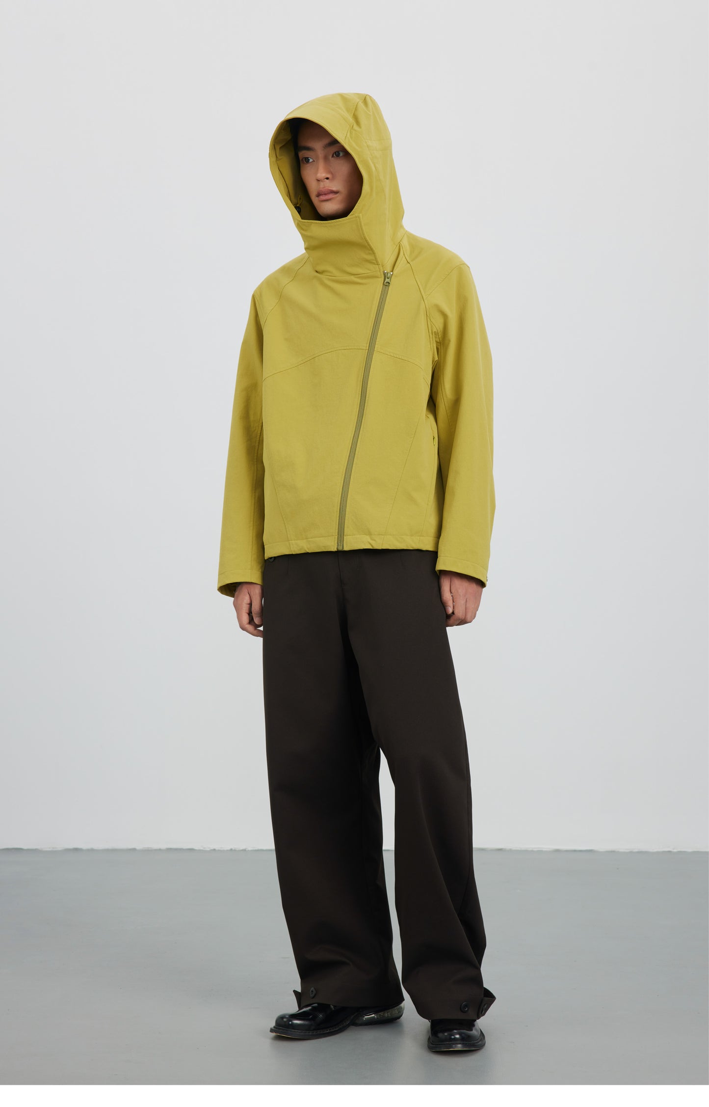 Diagonal Placket High Collar Hooded Jacket