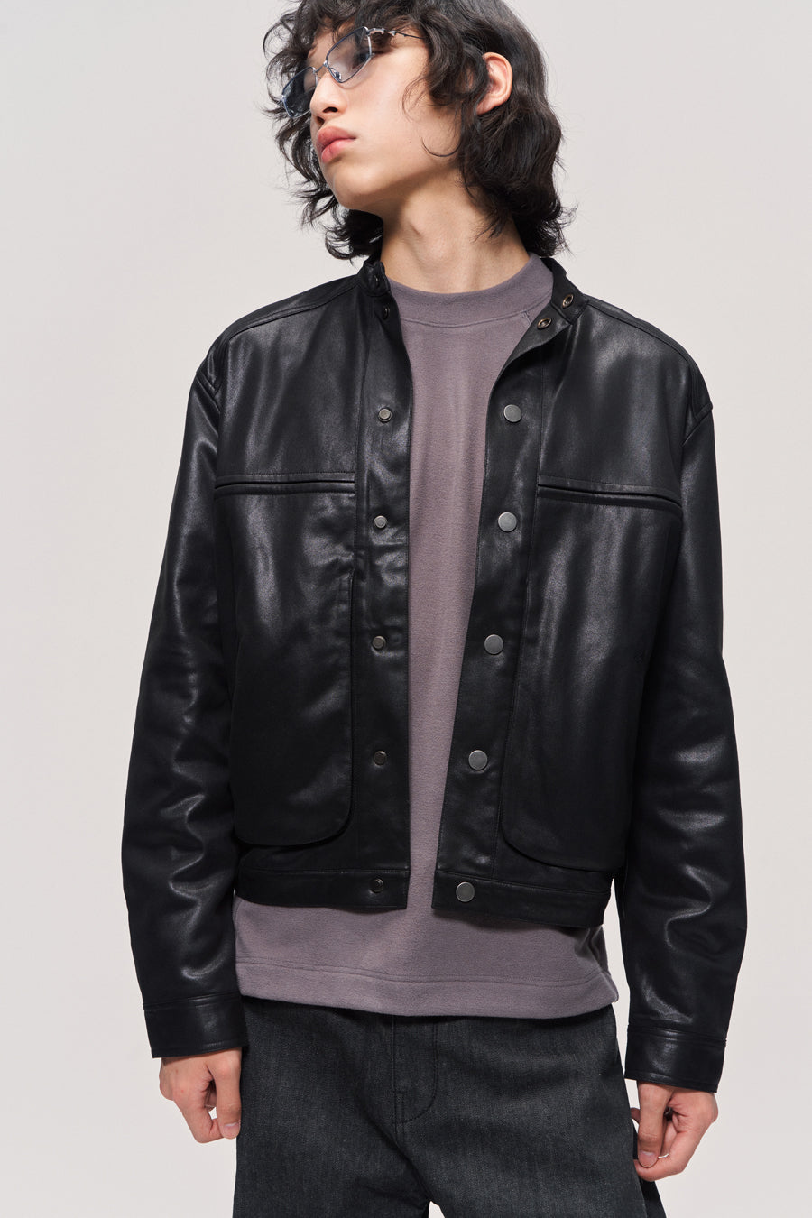 Stand collar leather jacket