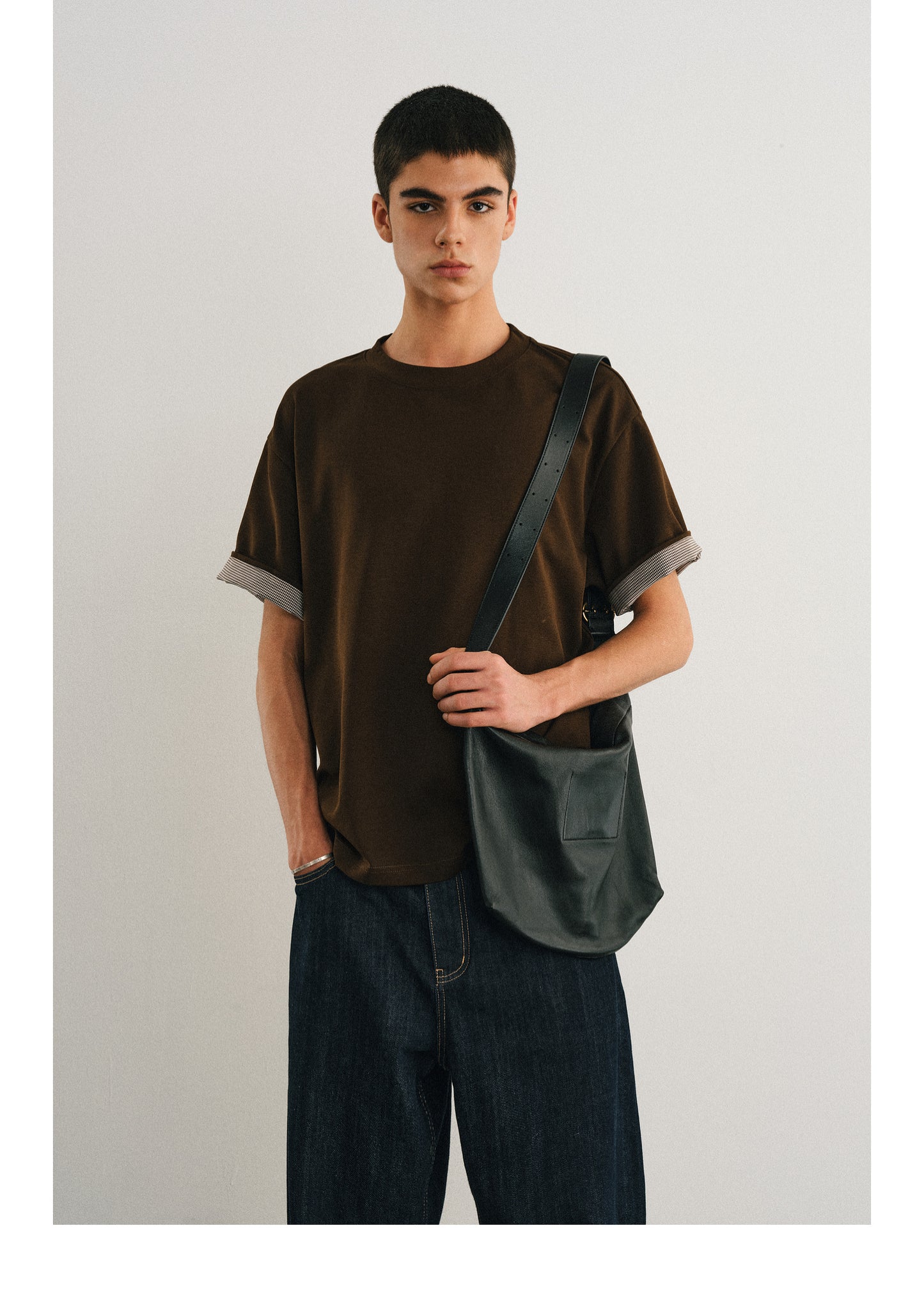 Hound's tooth sleeve T-shirt