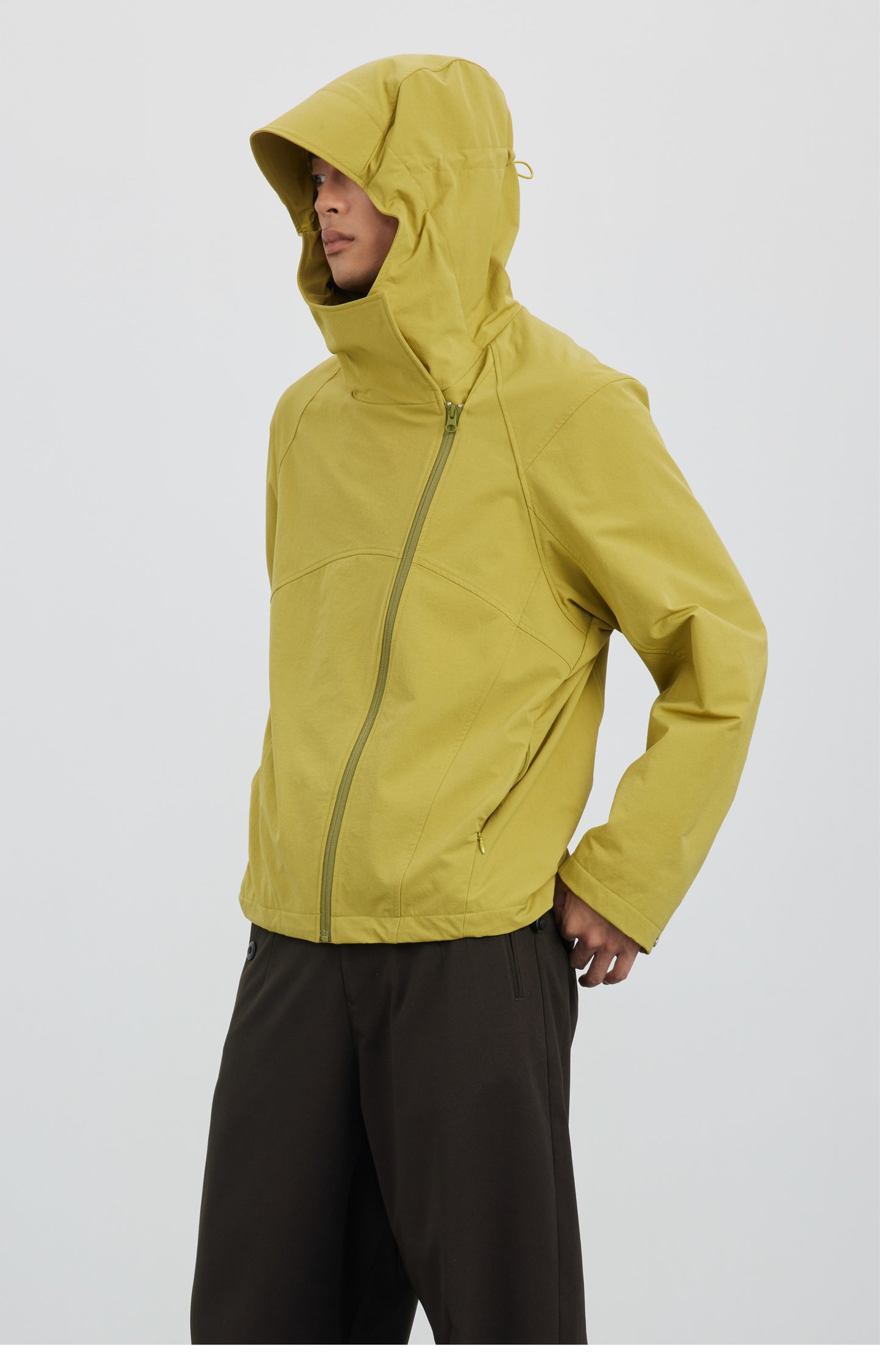 Diagonal Placket High Collar Hooded Jacket