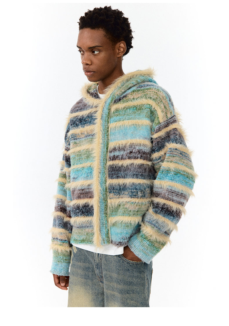 Gradient Stripe Hooded Knit Jacket