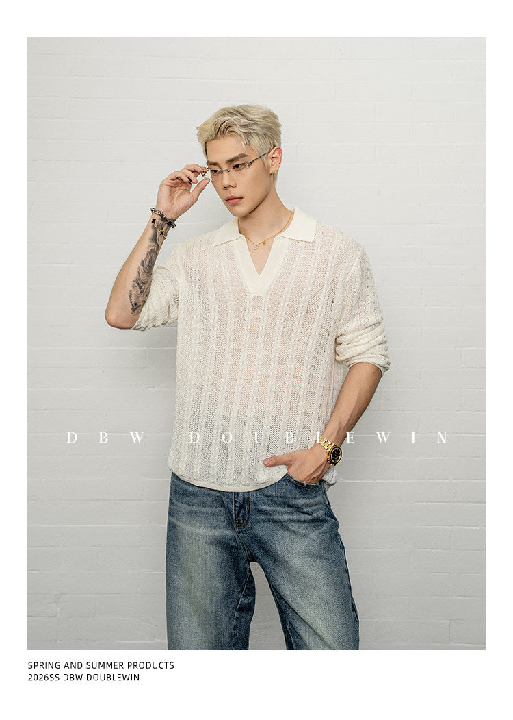 V-neck lapel knit sweater