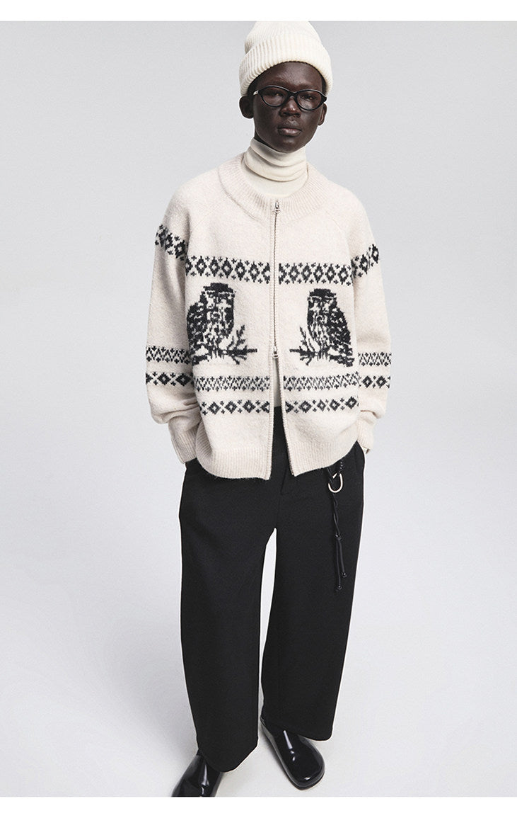 Vintage Animal Jacquard Zipper Cardigan