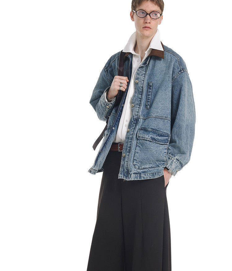 Vintage Denim Jacket with Washed Suede Collar