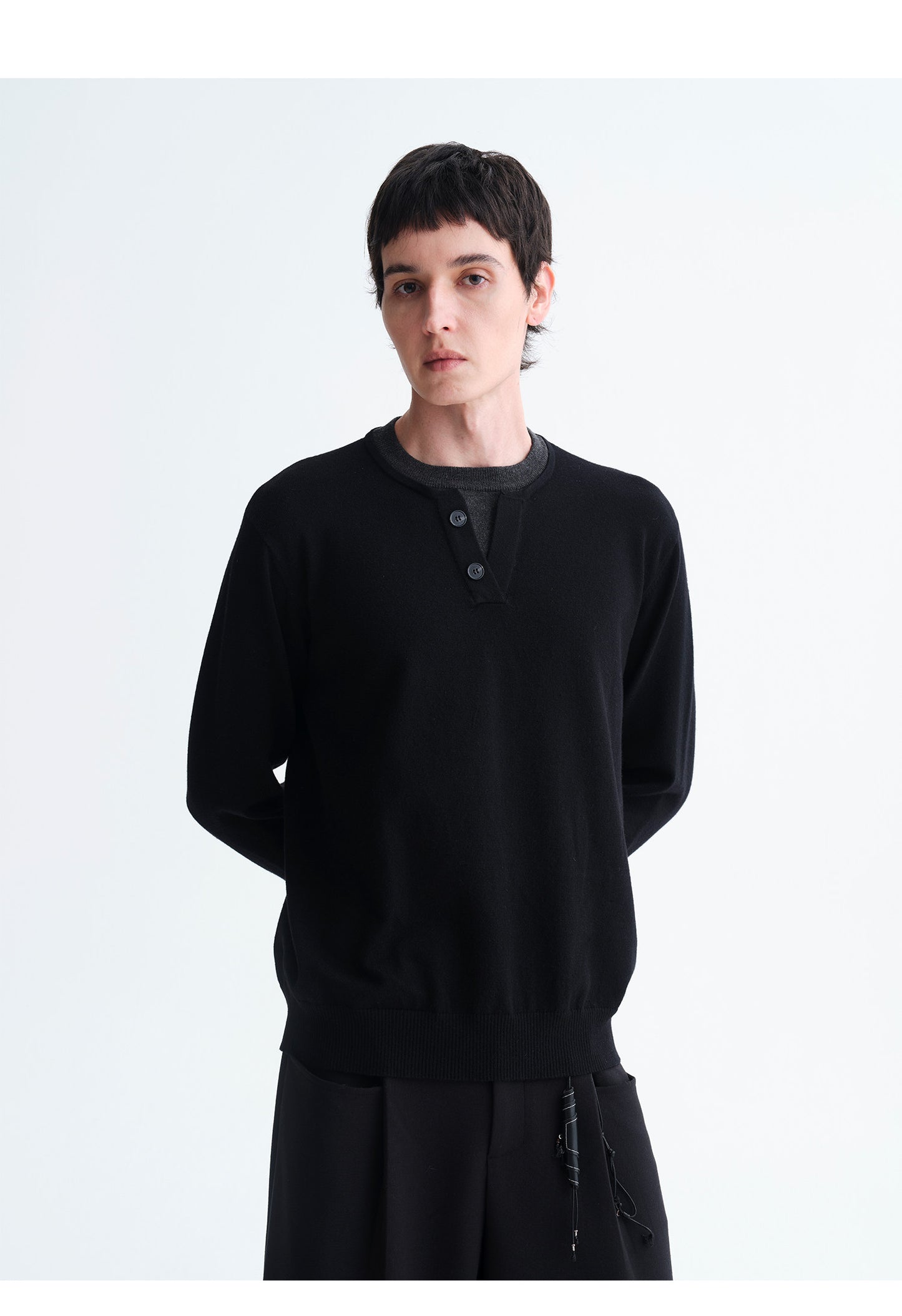 Faux Two-Piece Henley Collar Sweater