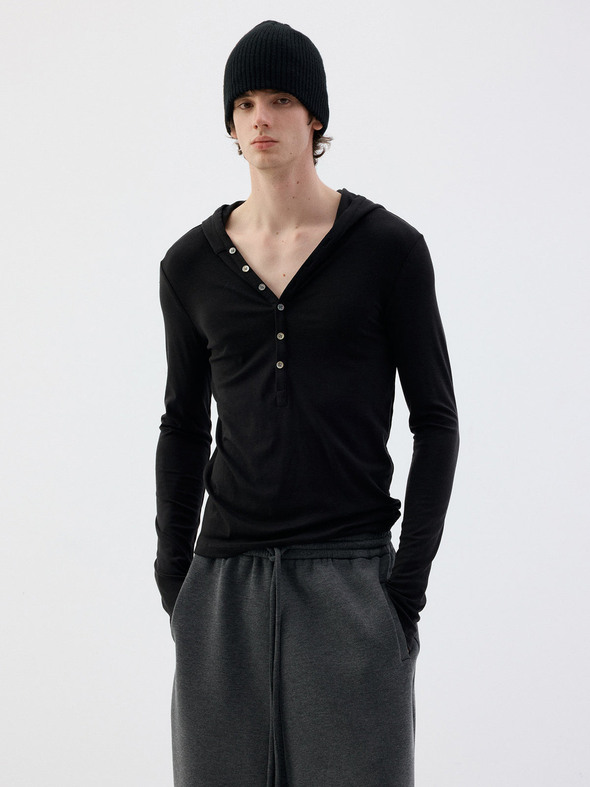 Henry-Collar T-Shirt with Half-Button Hood