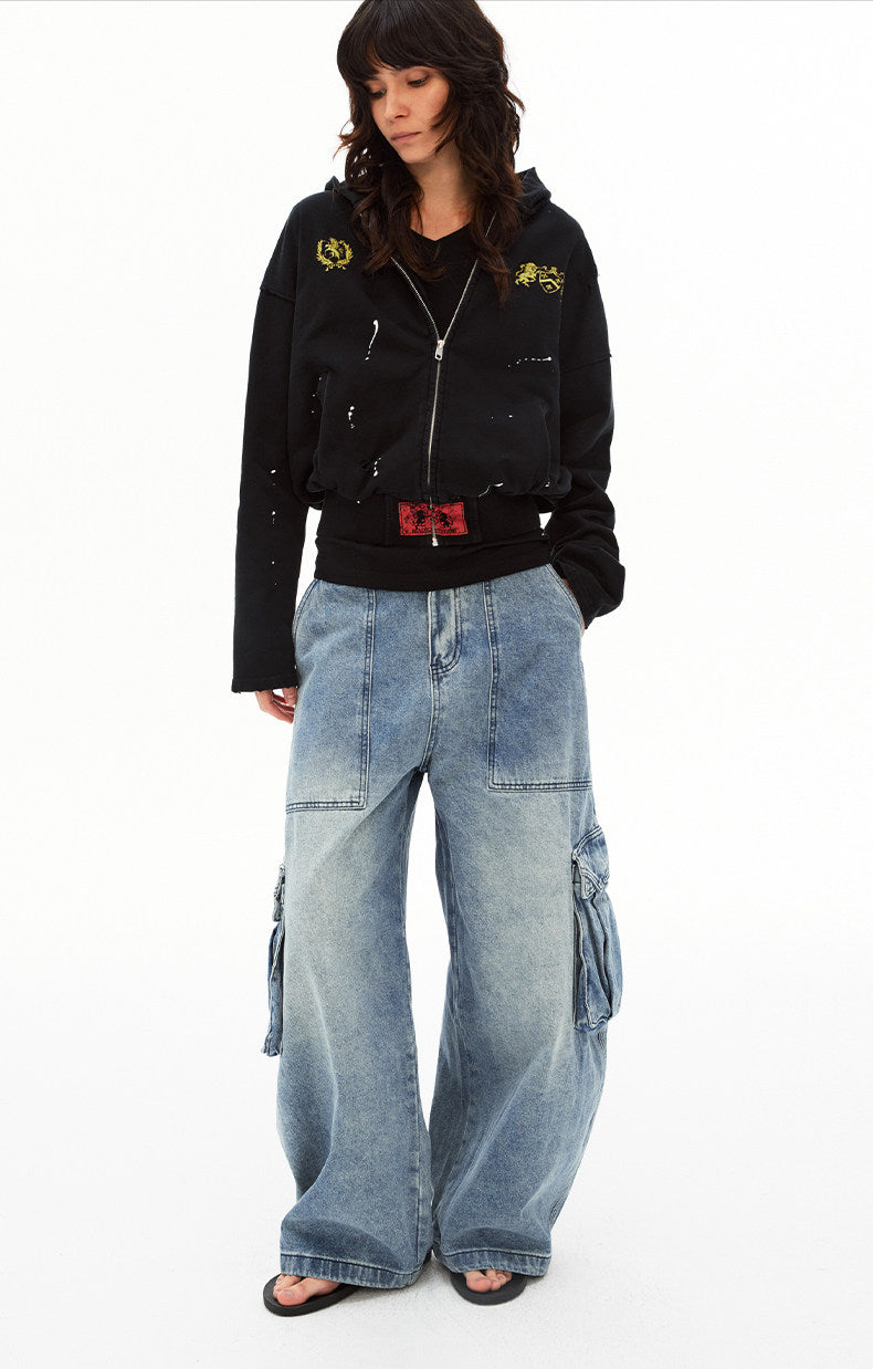 Large-Pocket Washed Jeans