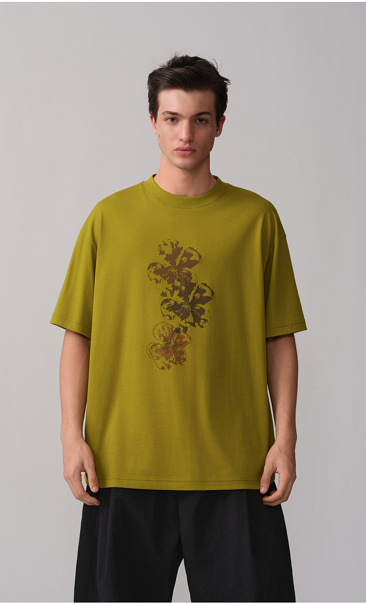 Round-Neck Ribbed Collar Drop-Shoulder T-Shirt