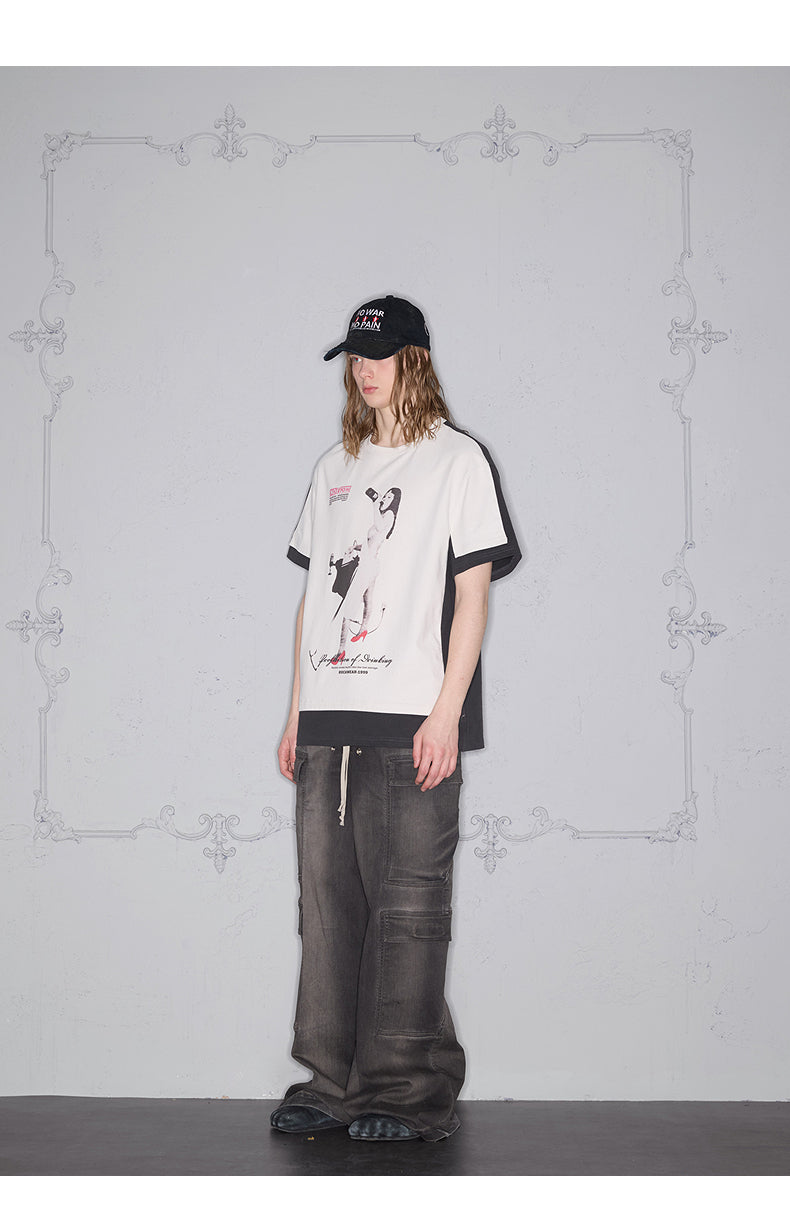 Color block print loose T-shirt