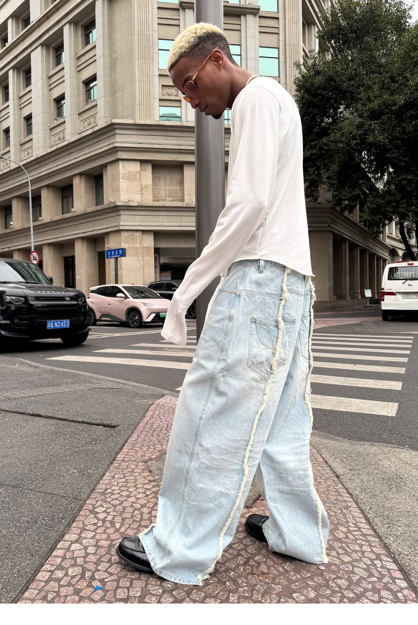 Wash-treated Patchwork Denim Pants
