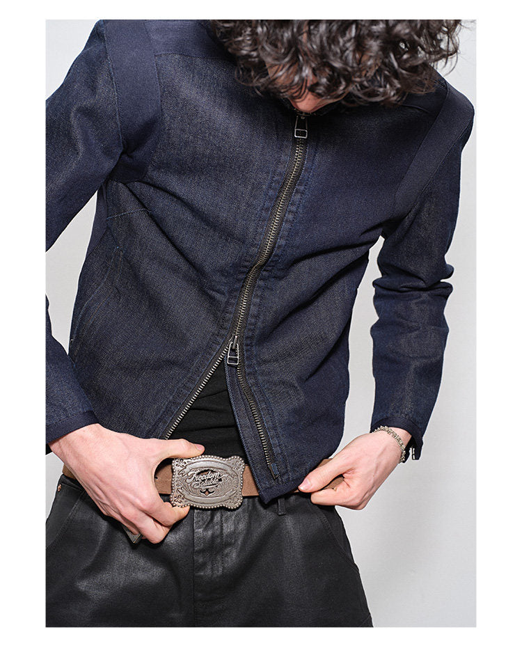Double Zipper Slim Fit Raw Denim Jacket