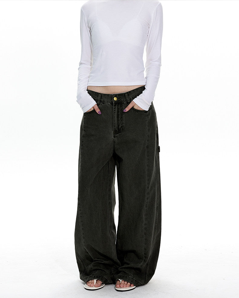 Wash-processed distressed loose denim pants