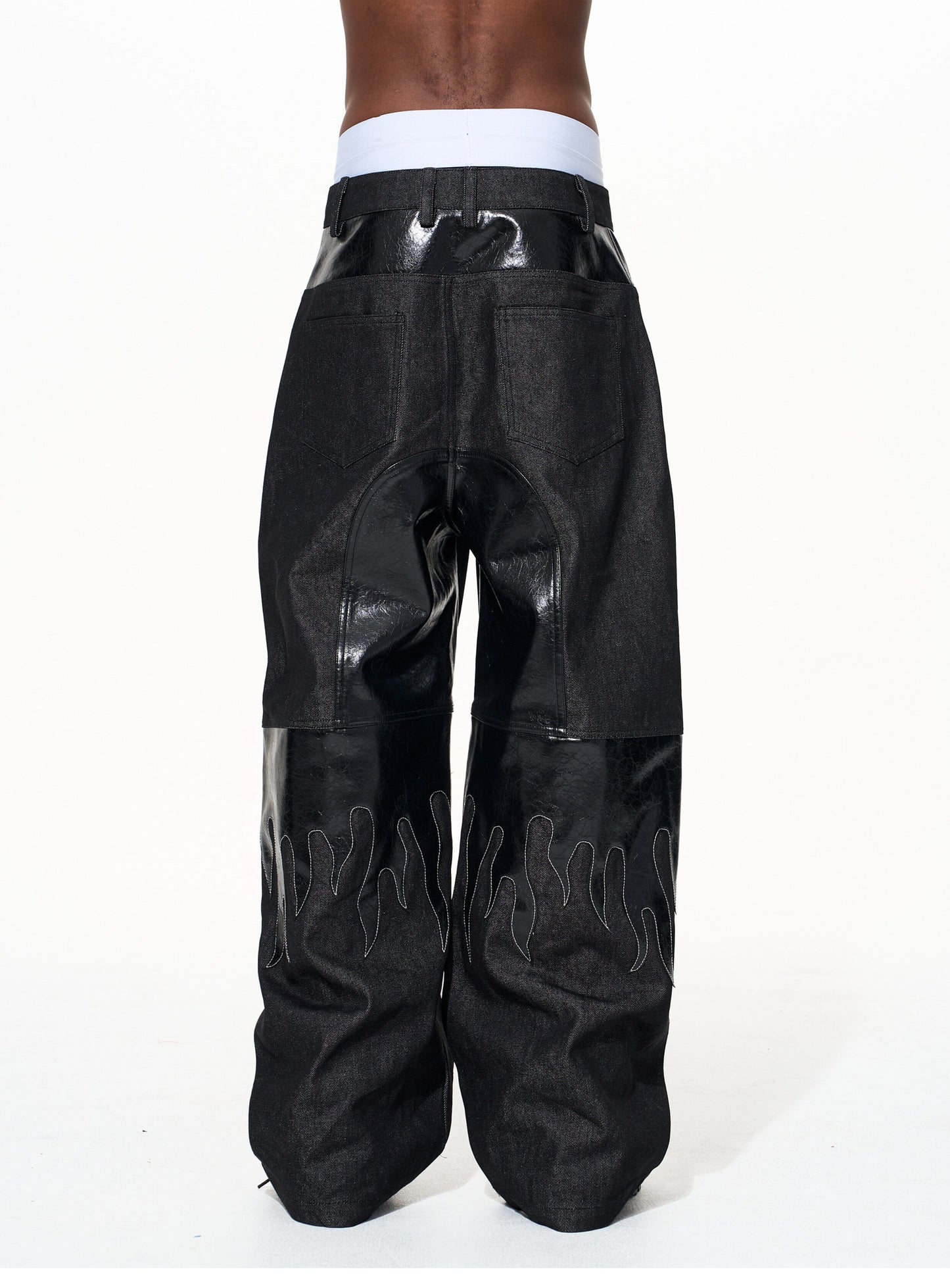 Flame Pattern Leather Jeans