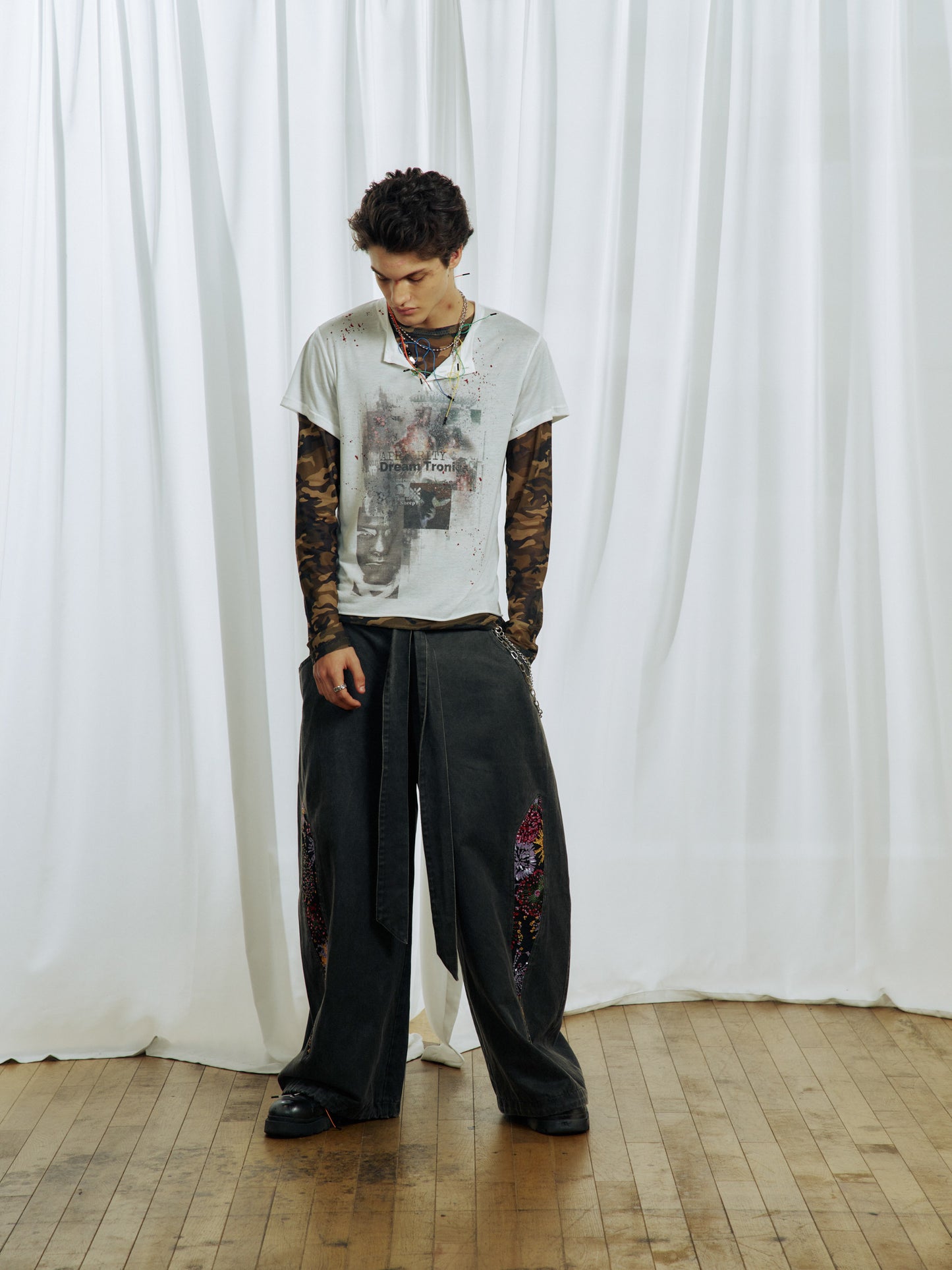 Ink Splash Print Henley Neck T-Shirt