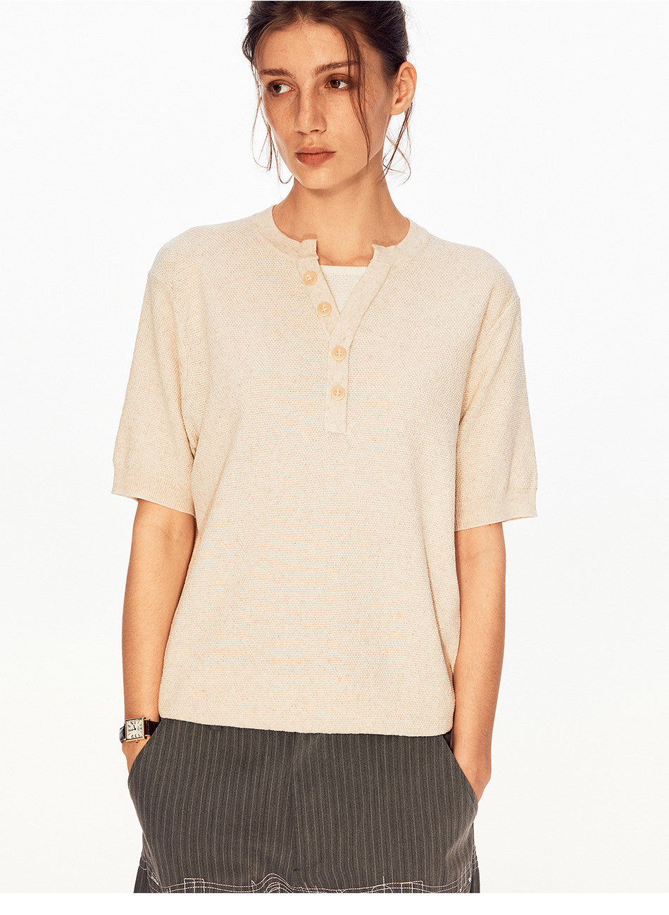 Solid-Color Faux Two-Piece Knit Shirt