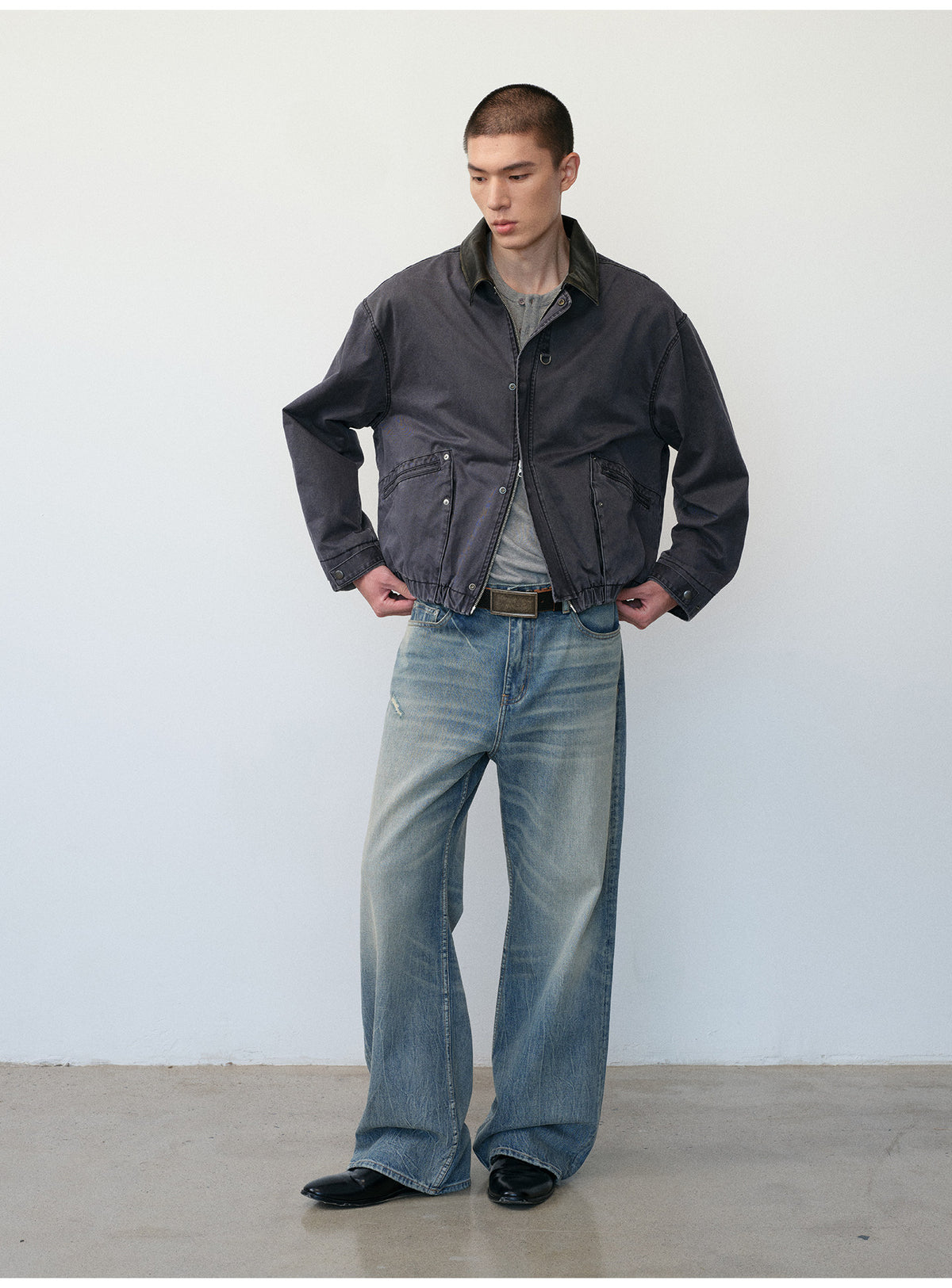 Distressed Leather Color-Block Work Jacket