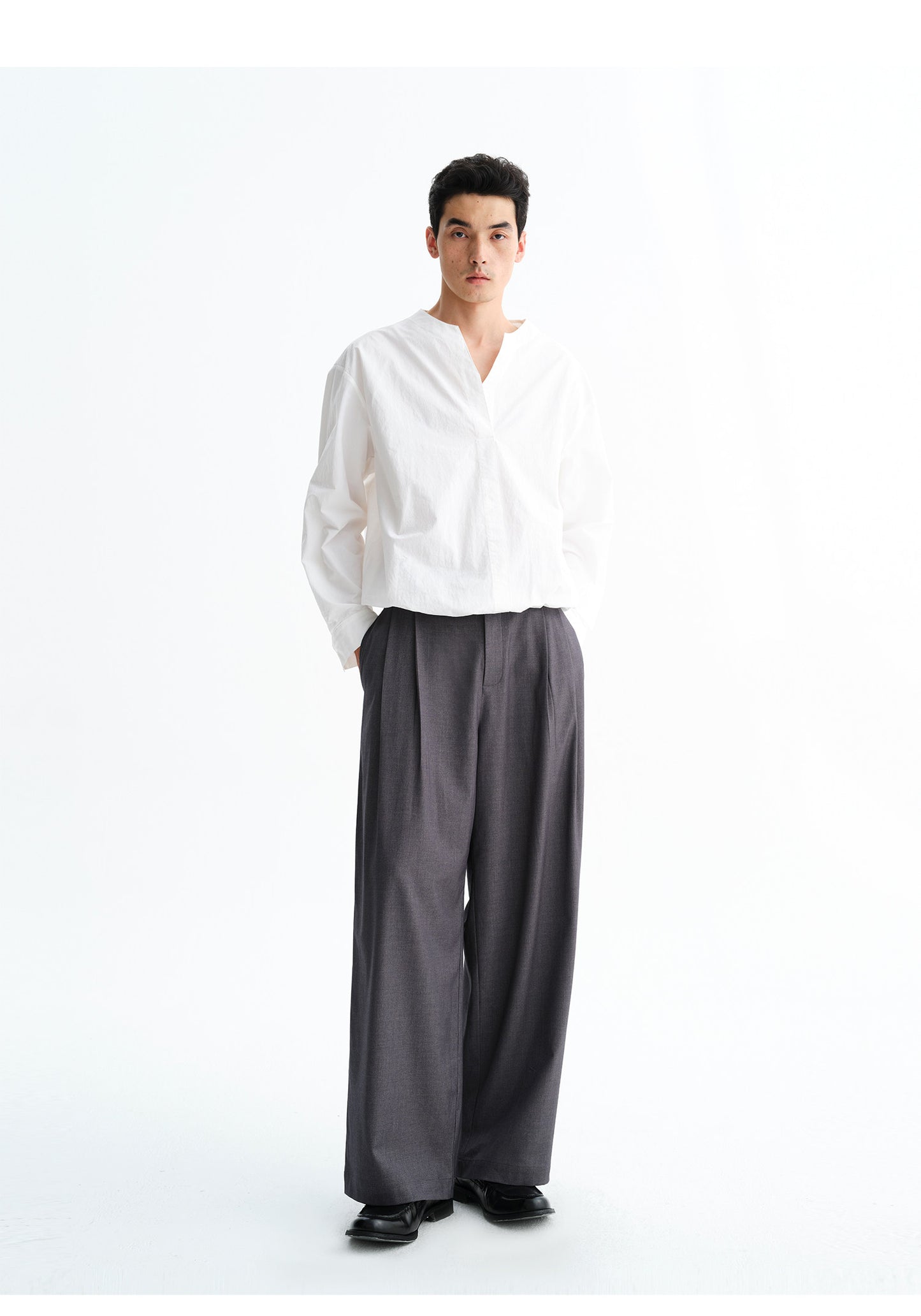 Wool Blend Double-Pleated Casual Pants
