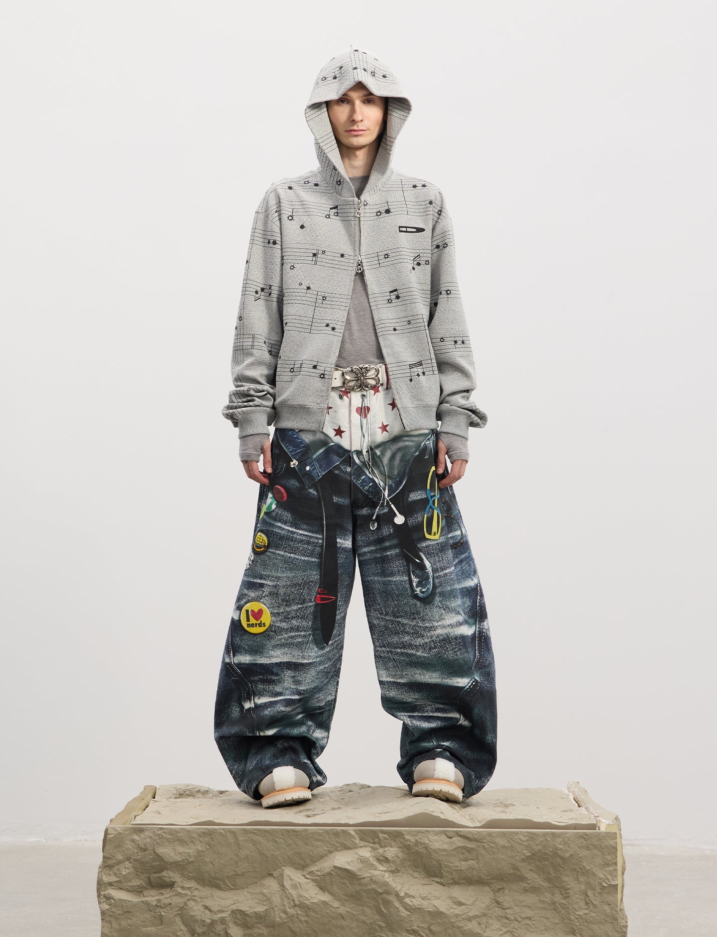 Double-Waistband Printed Jeans