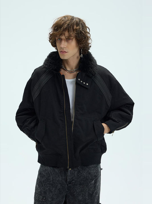 Removable fur collar padded bomber jacket